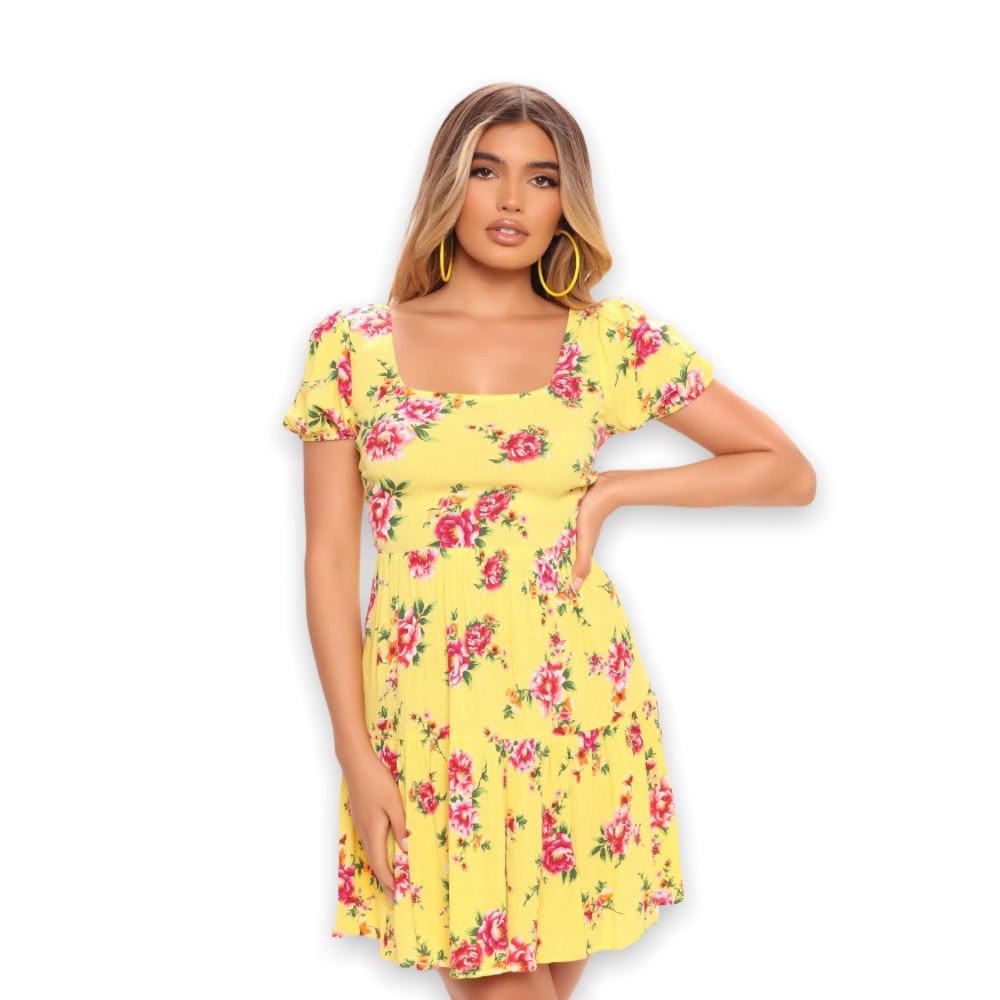 Beautiful Lightweight Breanna Puff Sleeve Yellow Bohemian Floral Mini Dress - Picture 5 of 13